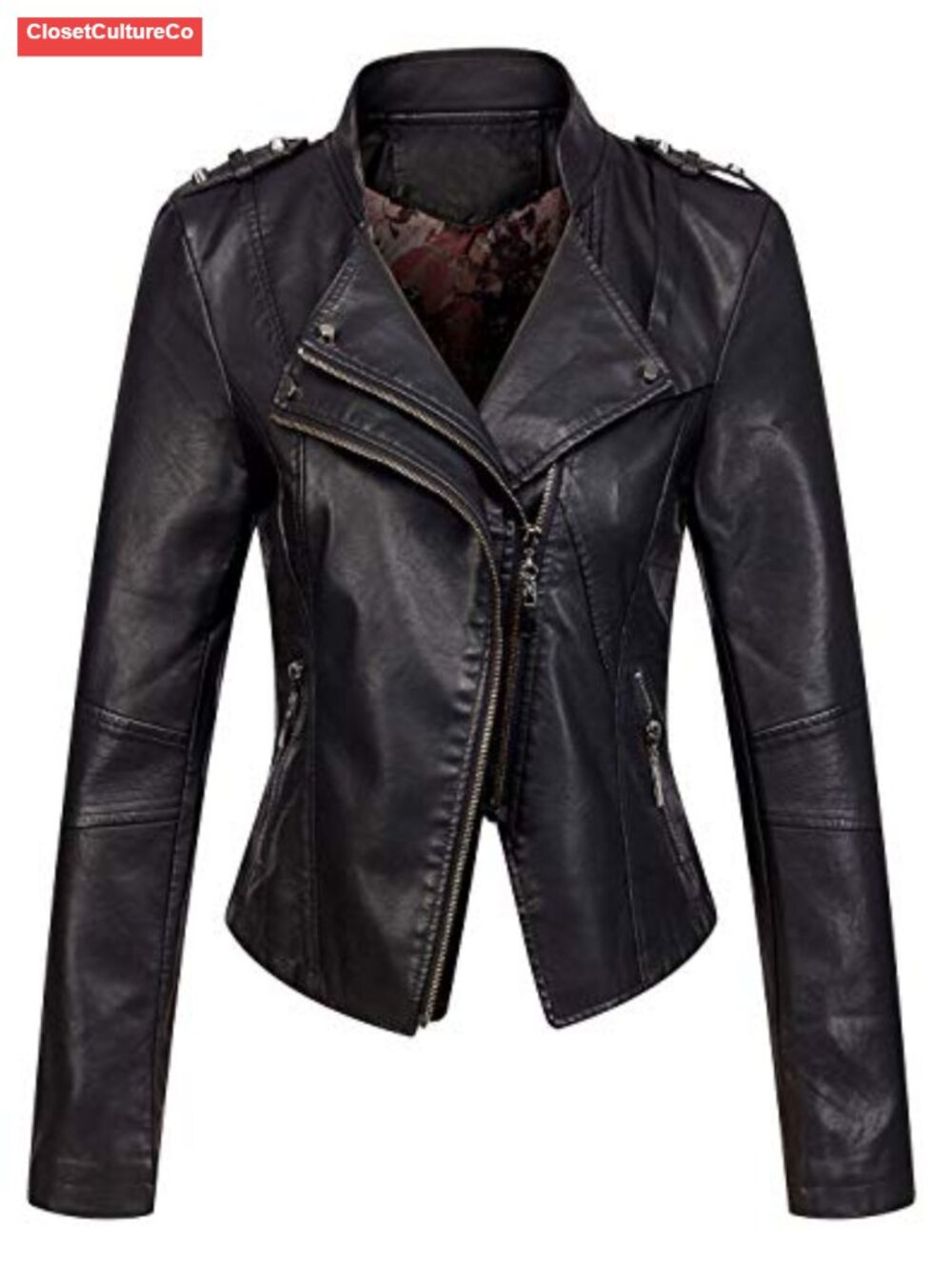Faux Leather Cropped Moto Jacket Asymmetric Zip Slim Fit Band Collar